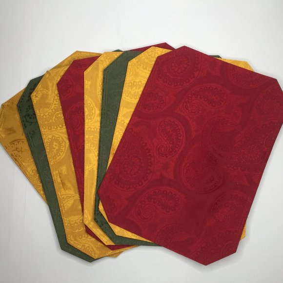 Fall Paisley Placemat Set Of 8 Red Gold Green Print Rich Colors - Picture 2 of 12